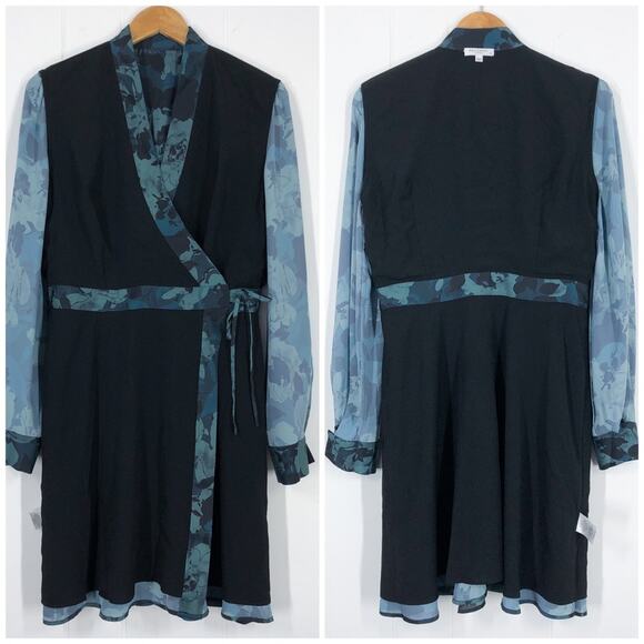 Equipment Floral Wrap Effect Dress V Neck Long Bishop Sleeves Size 10 Green Blue - Picture 9 of 16